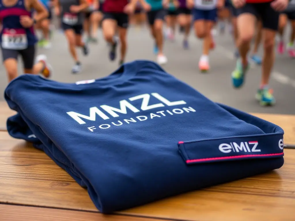 A close-up shot of the official MZL Foundation T-shirt and headband, neatly folded and displayed, highlighting the design and quality. The background is a blurred image of runners participating in a race.