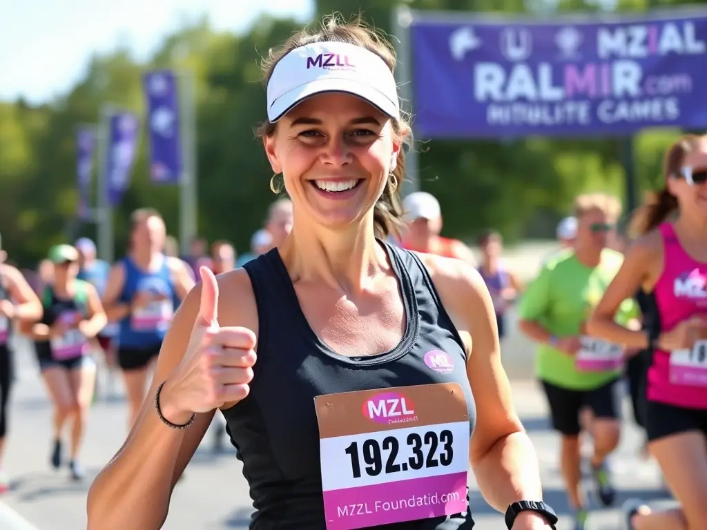 A runner wearing a personalized race bib with their name and a small MZL Foundation logo. The runner is smiling and giving a thumbs-up, with other runners visible in the background.