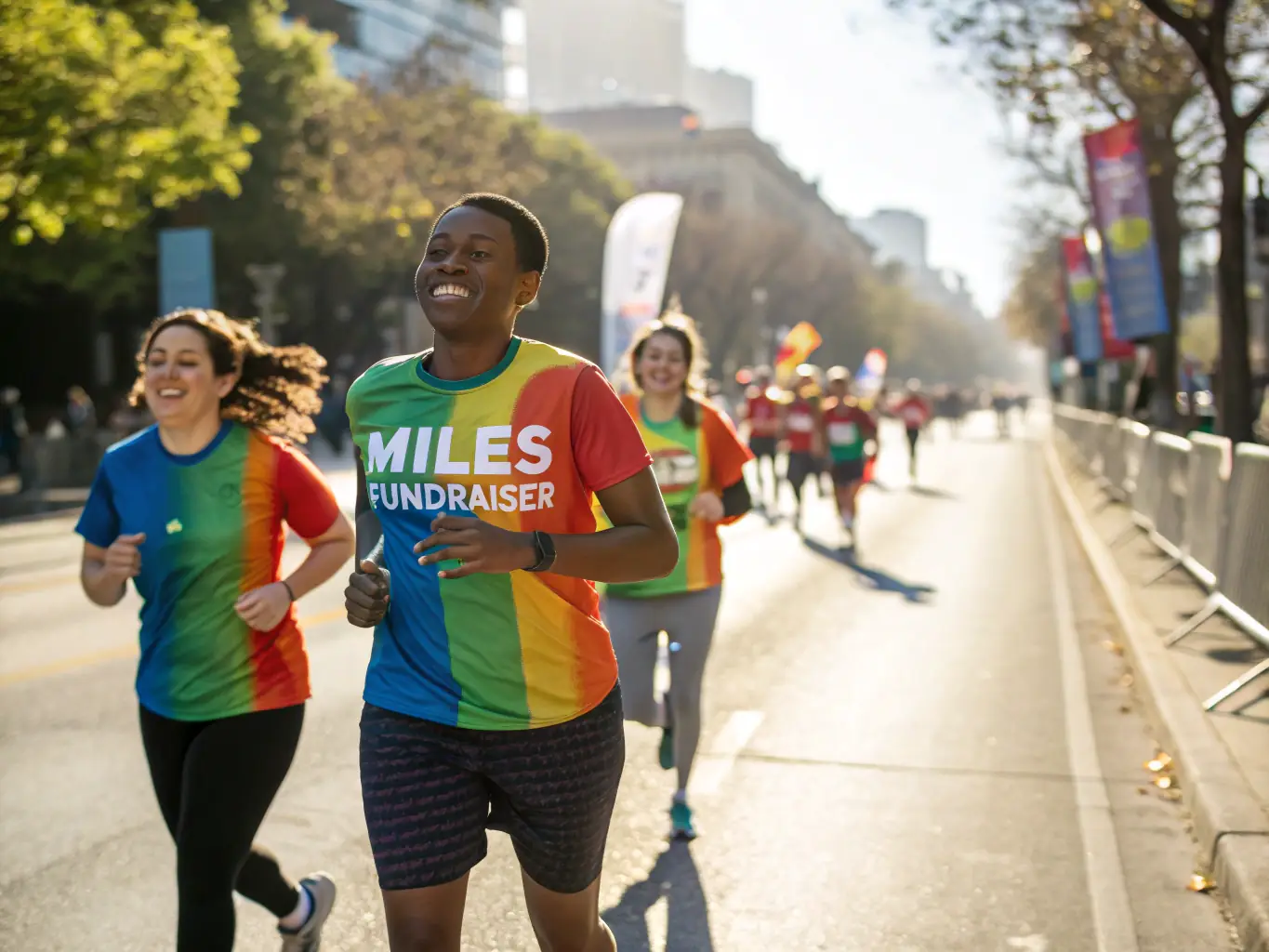 A group of runners gathered at a pre-race meetup, laughing and chatting while wearing MZL Foundation gear. The setting is a casual outdoor space with banners and signs promoting the foundation.